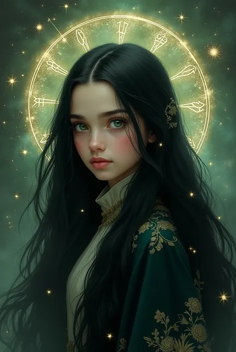 A (severus snapes daughter:((11years old)))log hair, flowing black hair.green eyes,fantasy style horoscopes