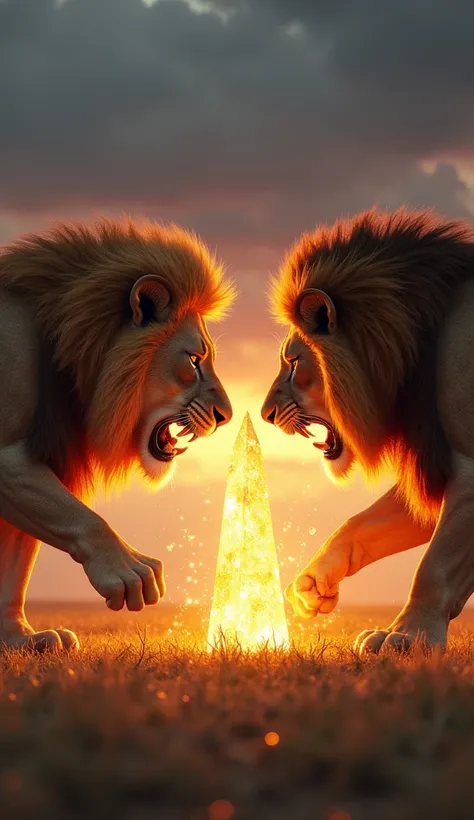 "Create an image showing a lion and a large, glowing crystal positioned in an aggressive stance, facing each other. The crystal should be translucent, emitting a radiant, powerful glow. The lion, with its mane flared and teeth bared, stands majestically wi...