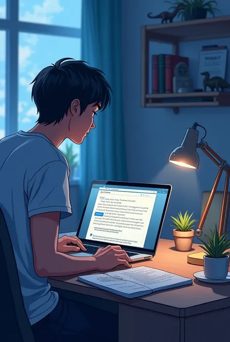 Imagine an illustration depicting a cozy home office, showing you (as a dedicated entrepreneur) sitting at a desk with an open laptop and a notebook full of handwritten plans. on laptop screen, simple snippets of English sentences, Katakana characters, and...