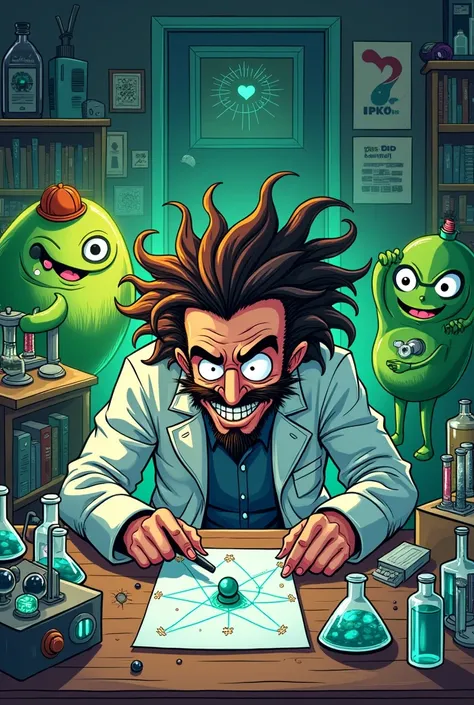 Comic illustration of a mad scientist at boss desk working in an experiment. With green men a and 3d printer