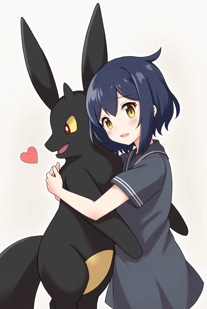   illustration of Pokémon and a girl
The girl has blue and black hair、 Narrow eyes、Cat&#39;s Eyes、eye color: yellow、 black clothes
Pokémon is an animal with long ears like a black fox 。額にはyellowの円、 eyes are red
Being hugged by a girl 