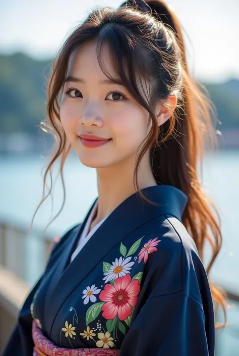 Masterpiece, Portrait photograph of a beautiful spender 18 year old Japanese female student, has a very big breast size 36A, wavy brown long hair, has a pony tail hair style in the back radiantly beautiful, wearing a dark blue colorful kimono. Her gentle s...