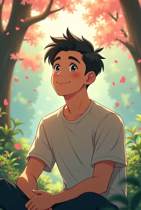 "anime" a happy young man sitting in a place and thinking about life