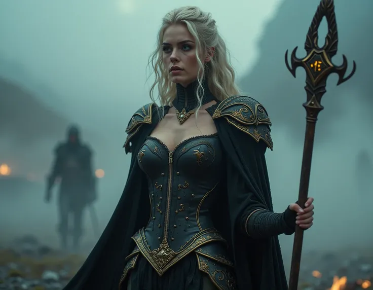 1. Göndul: A valkyrie cloaked in shimmering black and gold armor bustier zip up, tiny corset top, elegance pose, beautiful colossal breast, large breasts with intricate raven motifs. She holds a staff adorned with glowing runes. Her fiery gaze pierces thro...