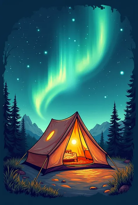 "Create a T-shirt design of a tent under the Northern Lights with the text Campy and Cozy."