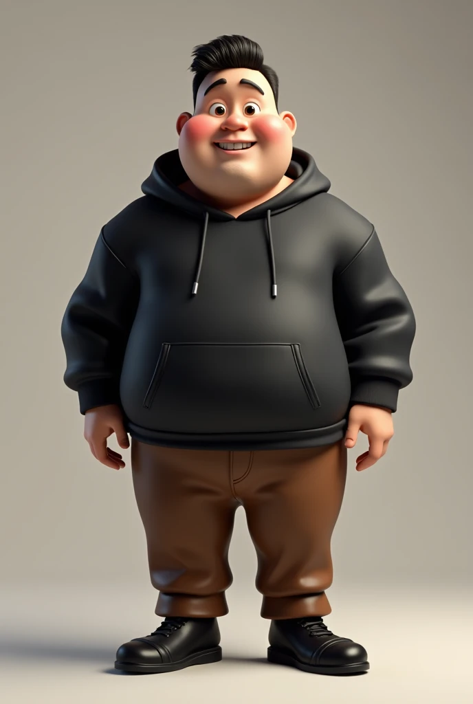 3d realistic,  A slightly chubby man,  short hair , wearing a black hoody jacket ,  brown pants and black shoes . 