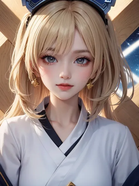 masterpiece， best quality，8k， detailed skin texture ， Detailed Cloth Texture ，Beautifully detailed face， complex details， super detailed，Portrait of Rei Ayanami，Blonde，Red colored eyes， black headgear on the head,Pixieカット，Shining Skin Hair Ornaments, Gold ...