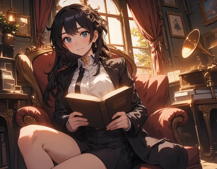 Cool-eyed woman reading,{{masterpiece}}, {{{best quality}}},{{ultra-detailed}},,Noble lady enjoying reading with vintage record player, brass, skirt, woman on sofa, vintage record player　on table, Smiling at the viewer,lyh_niji, lyh, anime,book