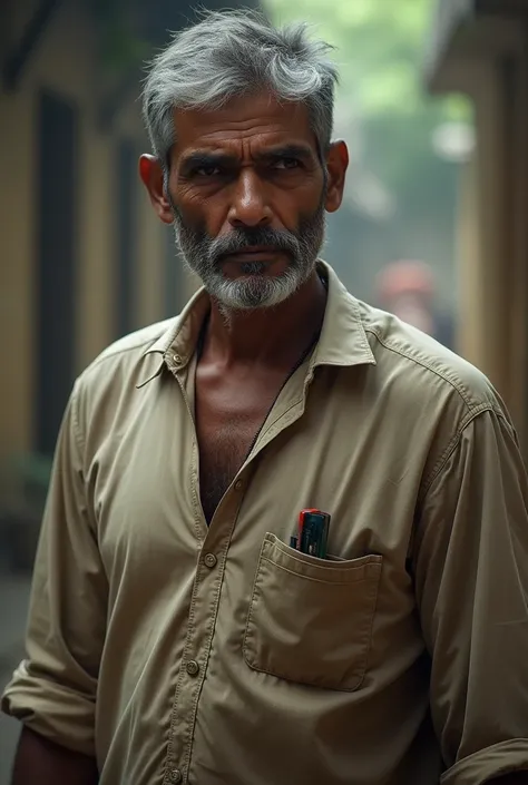 A middle-aged Indian man in his late 40s, with a rugged appearance and a strong build, showing signs of years spent in hardship. He has short, slightly graying hair and a clean-shaven face with deep-set, introspective eyes. He wears a simple, weathered kur...