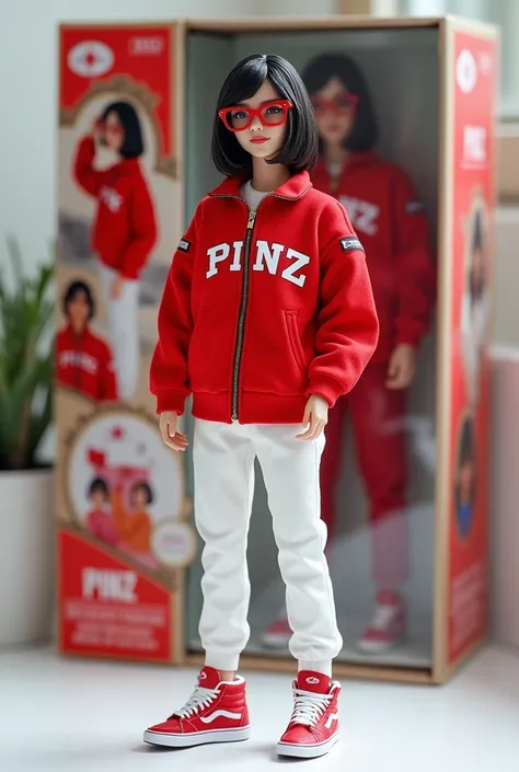  This image features a collection figure of a woman in asia wearing a red jacket with PINZ written on the front, white pants, and red and white sneakers .  This collection figure is positioned in front of its packaging ,  featuring images of figures in var...