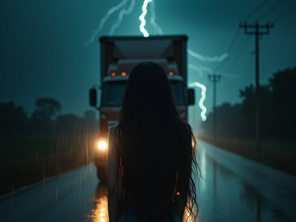 "A suspenseful, midnight scene set on a deserted rural road in India. A truck driver is driving through heavy rain when he suddenly sees a mysterious woman standing on the road ahead. She has long, wavy black hair reaching down to her waist and striking, d...