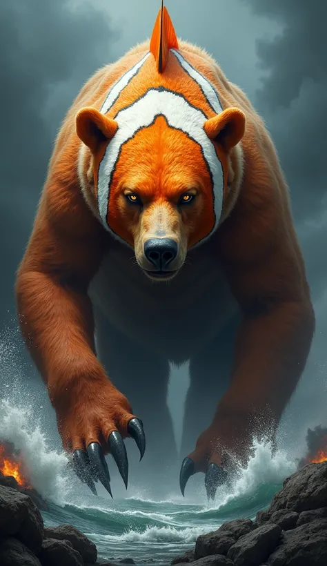 "Design a hybrid creature that combines the characteristics of a Clownfish and a Grizzly Bear into a single, monstrous, and dangerous entity. The creature should have the body of a Grizzly Bear, massive and powerful, covered in sleek, scale-like fur that t...