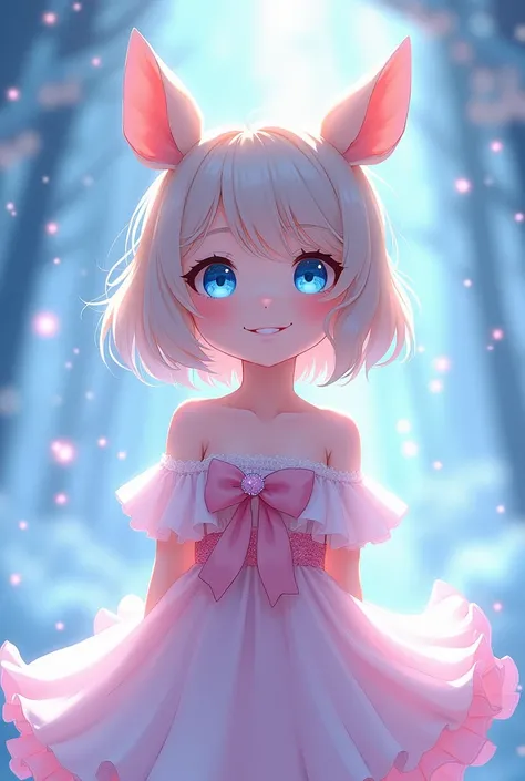 Chica anime, Light blue movie , blue eyes , Deer ears (without horns) , in a pink-white dress,  smiling, Seeming magic 