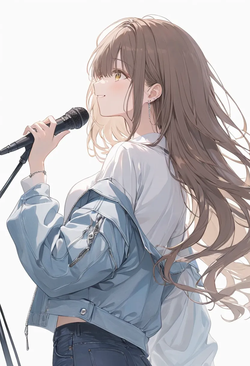 一人のwoman, profile, singing with microphone ,Put one hand on your chest ,pastel,smile,happiness, yellow eyes,Brown Hair,Long Hair, bangs hanging over eyes ,black drop shoulder jacket,Wear jeans, White innerwear ,  has a white background, ,woman&#39;s back, masterpiece, best quality,Exquisite,8k,  absurd, super detailed illustration ,( audience )