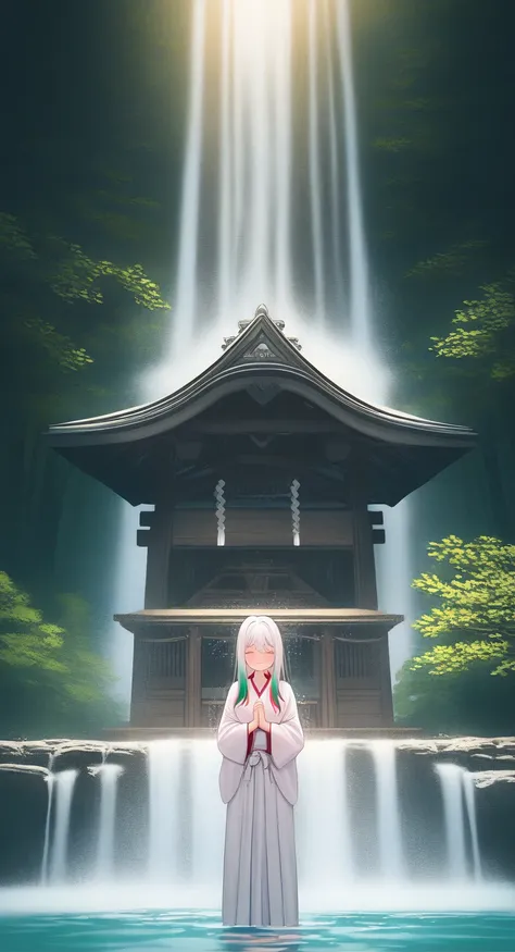 Masterpiece, best quality, white-haired girl, standing under a waterfall, hands clasped together in prayer pose, wearing a traditional white Japanese robe (shrine maiden style), water cascading around her, gravure expression, flowing white cloak slightly s...