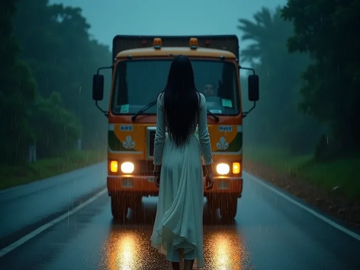 "A midnight scene on an empty Indian road in heavy rain. A young woman in a traditional white ghaghra choli stands in the truck’s headlights, her waist-length black hair flowing. The rain falls across her, adding an eerie, captivating quality to her presen...