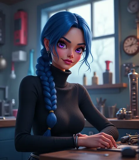 (photorealism1.2) jinx from league of legends, beautiful white 34 years old woman, little purple eyes, blue braided hair, one braid, little eyes, black turtleneck sweater, light pink lips, smiling, holding tool, mechanic office behind character, tools by t...