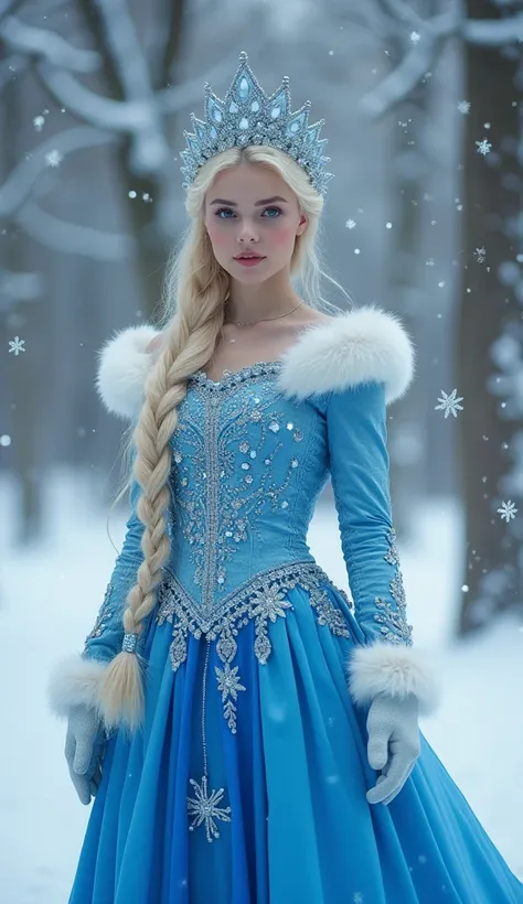 A captivating Snow Maiden, adorned with a bright blue kokoshnik headpiece, stands amidst a winter wonderland, surrounded by frosty trees and snowflakes gently falling around her. She wears a lavish, floor-sweeping blue gown, intricately embroidered with pr...