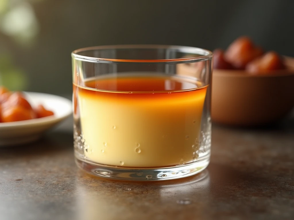 a glass of Peruvian flan  (  the glass must have space to put my brand ) ,  with a blurred dessert background