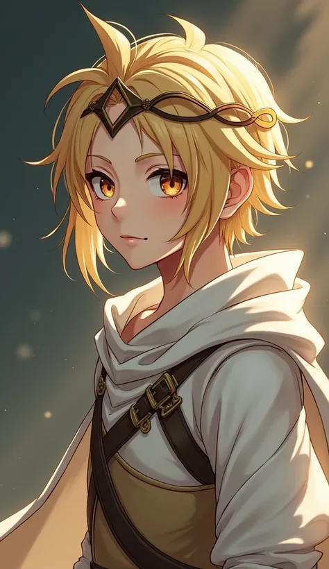 ((Highest Quality))), (Simple background), Solo, character sheet, fullbody, 1boy, hair Intakes, Blonde Hair, parted bangs, double ahoge, orange eyes, tsurime, sanpaku, circlet, fantasy clothes, light armor, cape, hood down