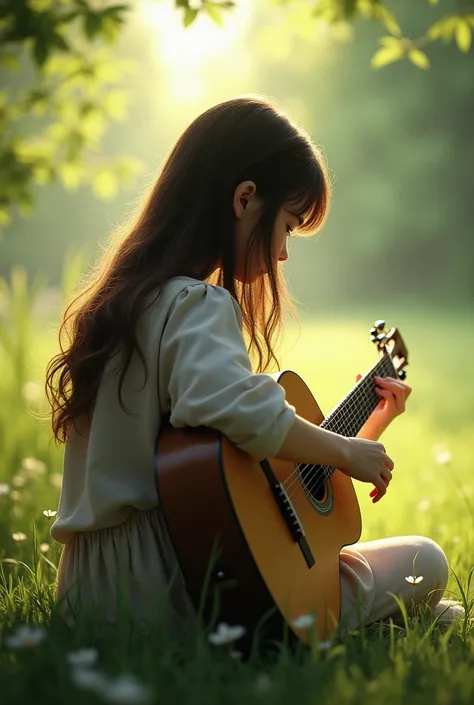 Back side of a girl wirh open hair holding a guitar in a peaceful place