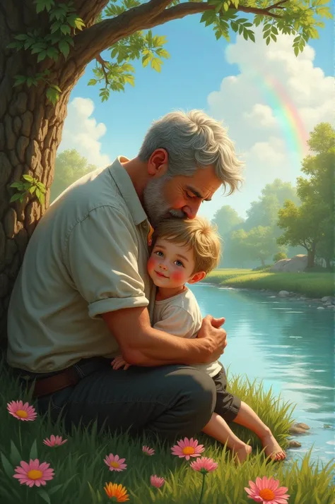 s boy with 40 years father holding hand and keeping head in chest sitting on a rock beside river tree rainbow flower etc 