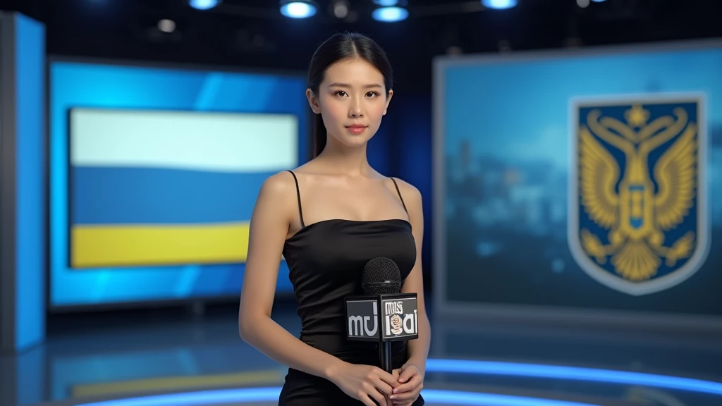 A beautiful Asian woman in a tight evening dress is right in the middle of the news studio，The microphone says "Miss.AI"，There is a Ukrainian national emblem 。 realistic style 。 bokeh 。