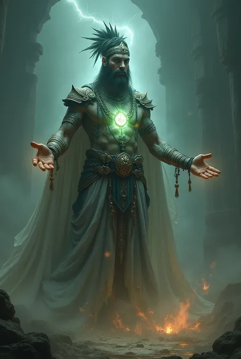 The ghostly figure of the ancient king, floating above the ground, making an offer with outstretched hands, with glowing power emanating from his chest.

The male character has tribal tattoos, armor, turban
