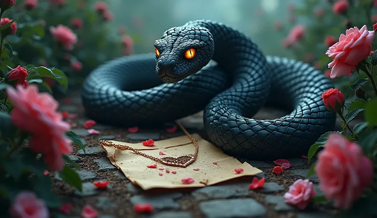 In the foreground, a dark, ominous serpent slithers through a once-beautiful, now chaotic garden. The serpent, with glowing, deceptive eyes, represents betrayal. Its body coils around a broken promise, symbolized by a shattered object (such as a broken nec...