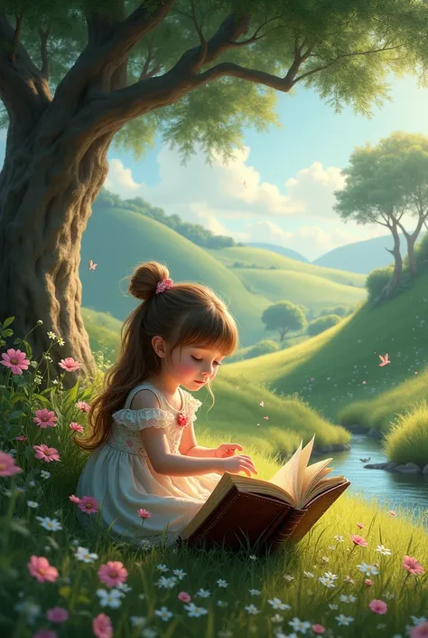 can u create a at fairy tale and she bought a book I want a  girl with landscape picture