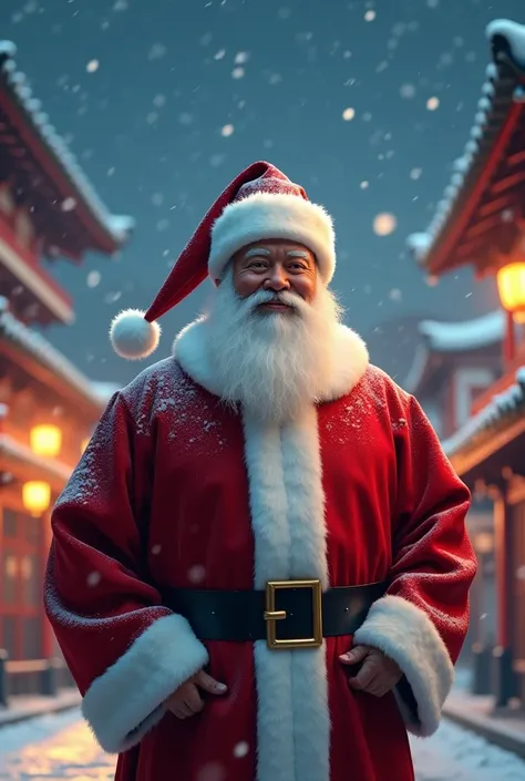 man wearing santa claus costume in japan christmas night, realistic image, best quality