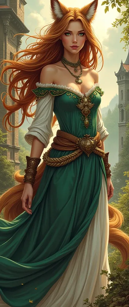 (((Western comics, graphic novel style))), Nine-tailed fox woman, light brown hair and green eyes, 30 years old. medieval fantasy illustration