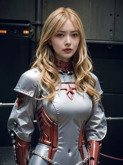 beautiful woman, super white skin, The whitest skin, long blonde hair, Side-parted hair, farrah hair, red robot metal armor, The most detailed armor pieces. The armor is made of steel, has holes, and has wires. There are wires all over the place. detail of...