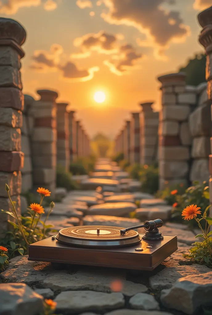 building_ruins,vintage record player，a flower，sunrise， ultra hd, masterpiece ,  height detail ,  high quality ,  is of the best ...