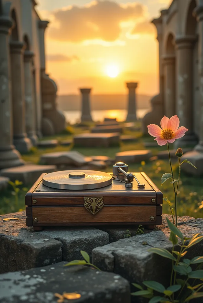 building_ruins,vintage record player，a flower，sunrise， ultra hd, masterpiece ,  height detail ,  high quality ,  is of the best ...