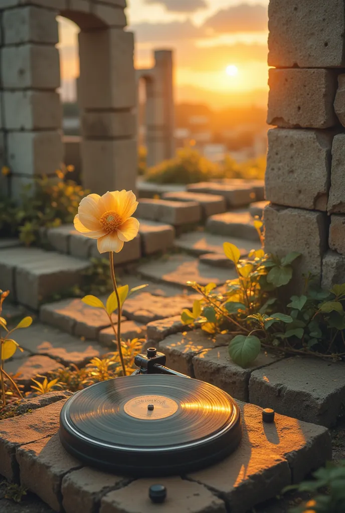 building_ruins,vintage record player，a flower，sunrise， ultra hd, masterpiece ,  height detail ,  high quality ,  is of the best ...