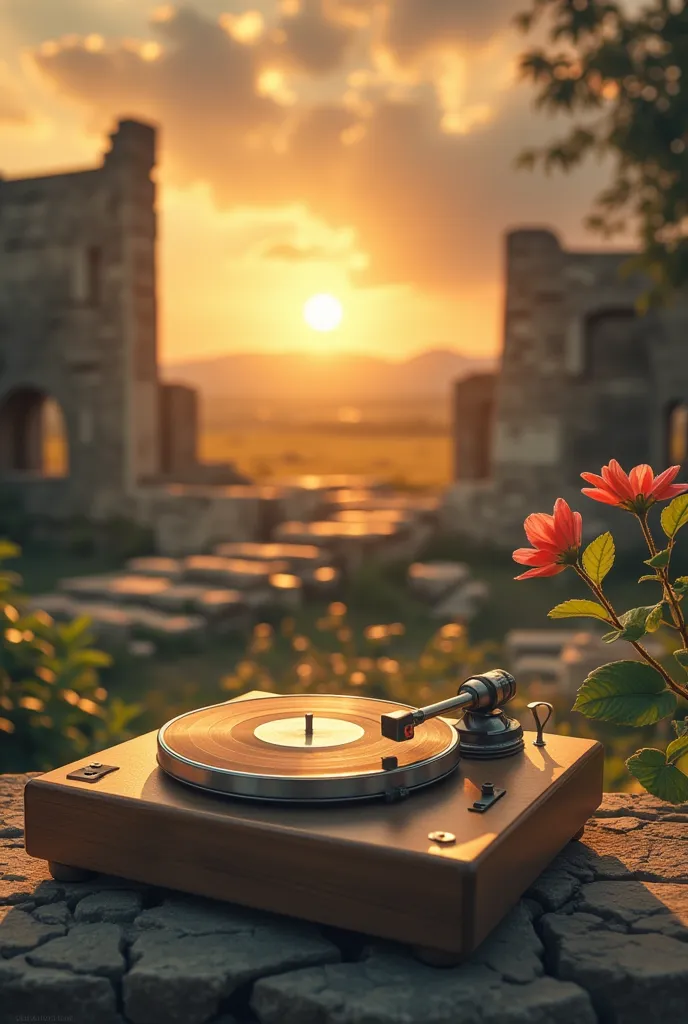 building_ruins,vintage record player，a flower，sunrise， ultra hd, masterpiece ,  height detail ,  high quality ,  is of the best ...