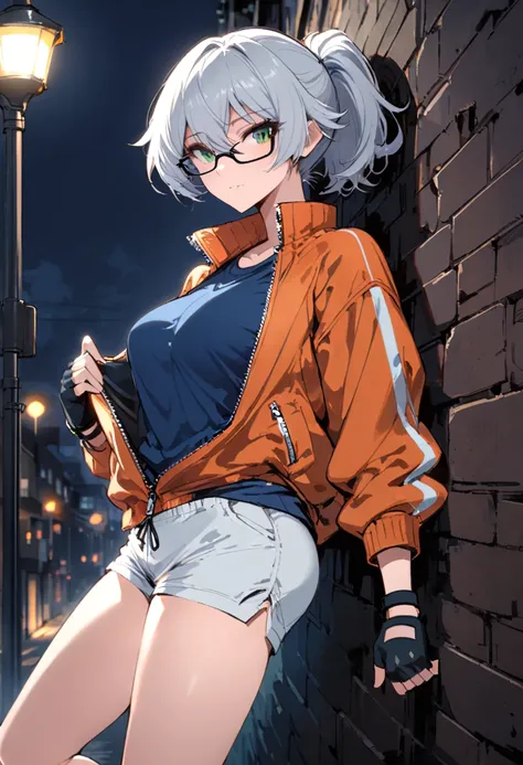 nighttime, streetlight illumination, dimly lit,background is a wall of a building,1girl, ( silver hair),green eyes, fingerless gloves,hair between eyes, short hair, ponytail,medium breast,(plain dark blue t-shirt,white shorts,sneakers,orange jacket unzippe...