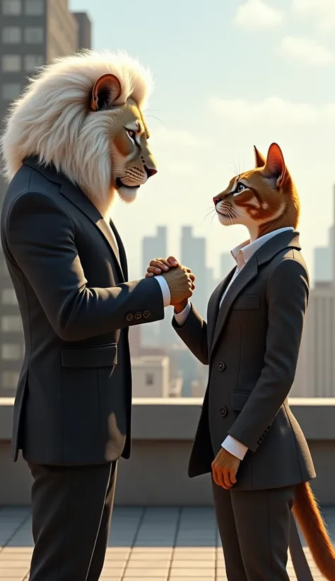 create an image of white handsome male lion wearing stylist suit standing on rooftop handshake with beautiful brown female cat wearing stylist clothes 