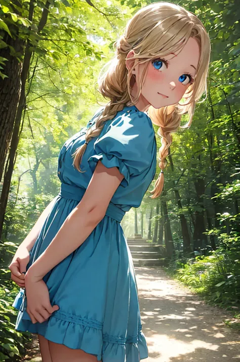 a girl wearing a dress in an outdoor forest is looking into the camera, 1girl, dress, solo, blonde hair, blue eyes, braid, short...