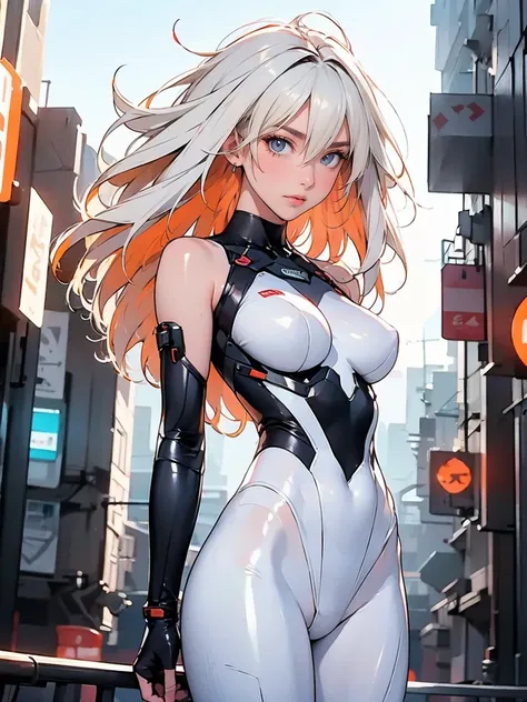 ( Software ),  intricate detail,  1 girl,   knight , (Bright neon colors), ((Flying over a futuristic cyberpunk city)),  detailed background, (Petite cyborg girl, ((Cute perfect face, Bright red eyes)), (perfect anatomy, Petite and firm breasts), ( Strange...