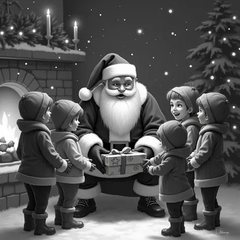 le père noël qui offre des cadeaux aux enfants. en noir et blanc