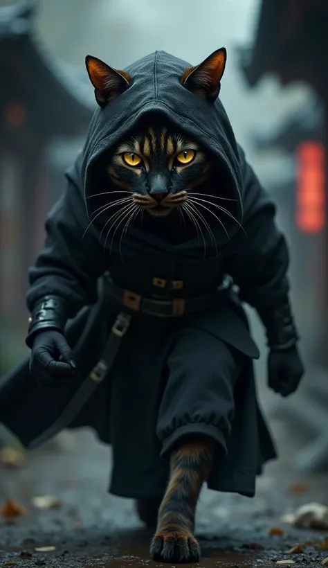 A cat ninja who wears a hood and hides his face with a mask