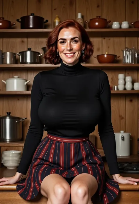 Photorealistic picture, cinematic style, a rustic kitchen in a wooden house. Shelves. Pots and pans. a beautiful British woman sitting on her kitchen counter. She is seated.  (Dynamic pose: 1.5), she is smiling. She has Brown eyes, downturned eye shape, li...