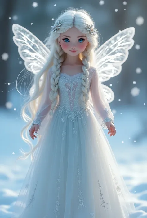 A stunningly beautiful snow fairy girl with a gentle, ethereal smile, adorned with delicate, intricately designed, transparent, silver wings that shimmer in the soft winter light, surrounded by a halo of frosty mist. Her long, luscious white hair falls dow...