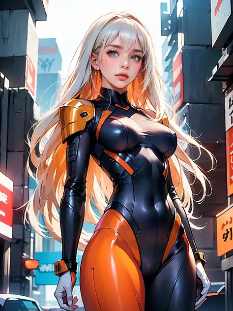 ( Software ),  Intricate Details ,  1 girl,   knight , (Bright neon colors), ((Flying over a futuristic cyberpunk city)),  detailed background, (Petite cyborg girl, ((Cute perfect face, Bright red eyes)), (perfect anatomy, Petite and firm breasts), ( Stran...