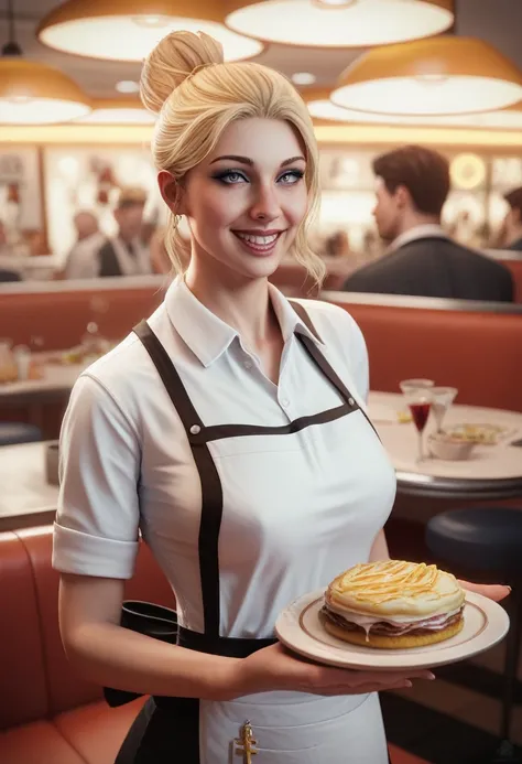 photo of alliedunn, blonde hair, waitress serving food in a small diner, loose shirt, apron, beautiful expressive eyes, detailed eyes, hair in a messy bun, happy, dynamic lighting, photorealistic, 8k uhd natural lighting, raw, rich, intricate details, key ...