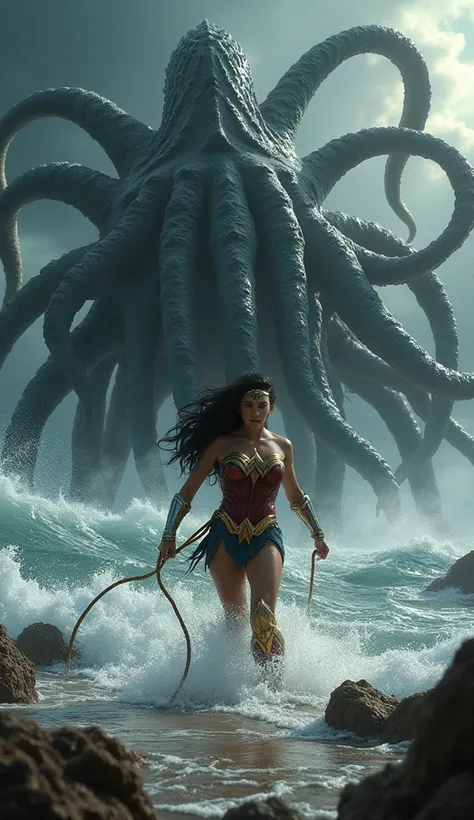 Wonder Woman dodges the massive tentacles of a Kraken, preparing to strike.