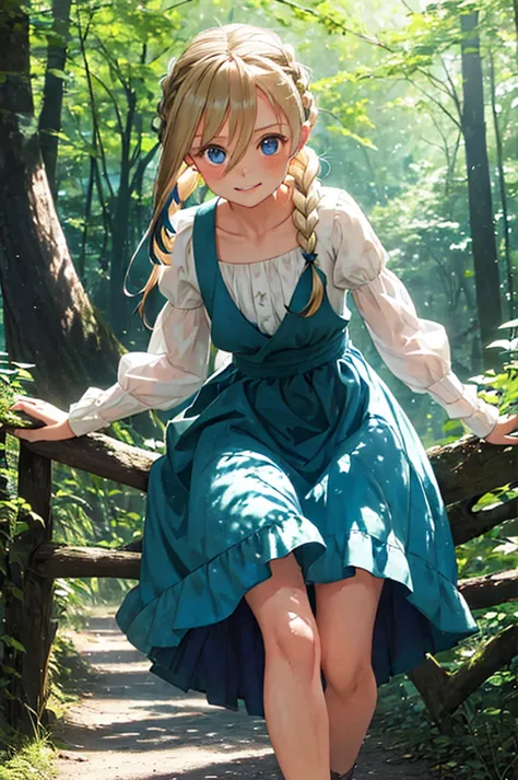 a girl wearing a dress in an outdoor forest is looking into the camera, 1girl, dress, solo, blonde hair, blue eyes, braid, short...