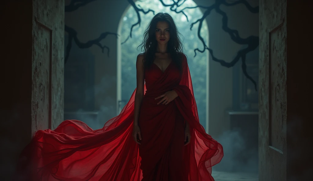 "A woman in a flowing red saree stands in a dimly lit room. Her chest is prominently visible, and the sarees pallu drapes down ominously. Shadows flicker around her, creating an eerie atmosphere. The expression on her face is haunting, hinting at a tragic ...